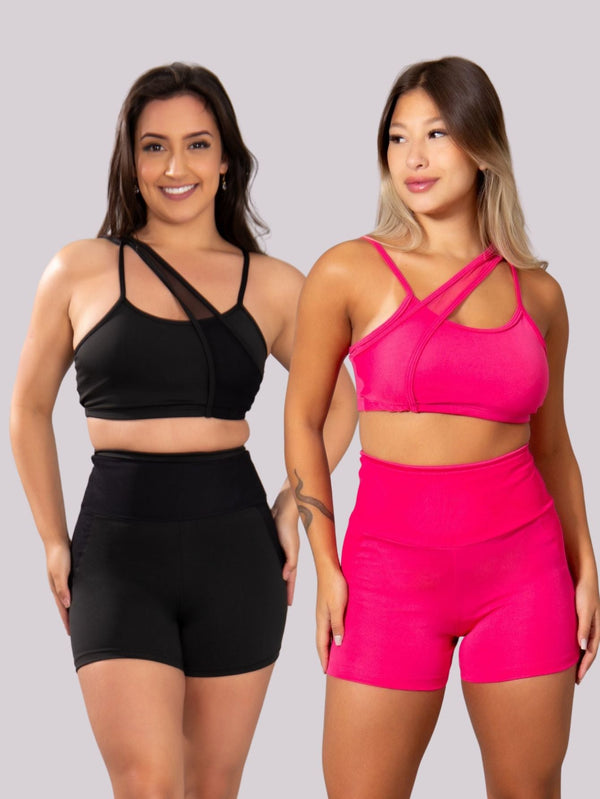 KIT 2 Conjuntos fitness Detalhe em Tule (bermuda+top)